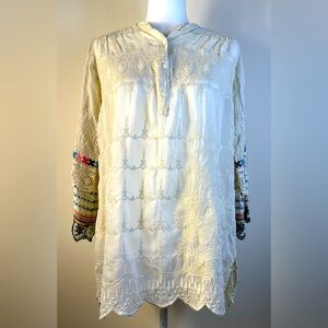 Johnny Was Cream Embroidered/Crocheted Tunic, Size Small
